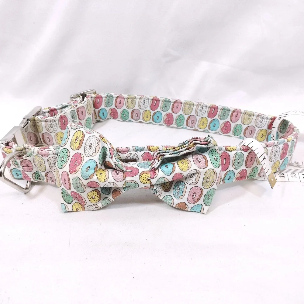 Unique Style Paws Multicolor Donut Dog Collar; Bowtie, Adjustable, Metal Buckle